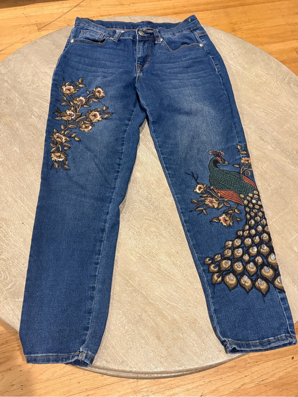Diane Gilman Blue Denim Jeans with Embroidered Peacock & Floral Accents